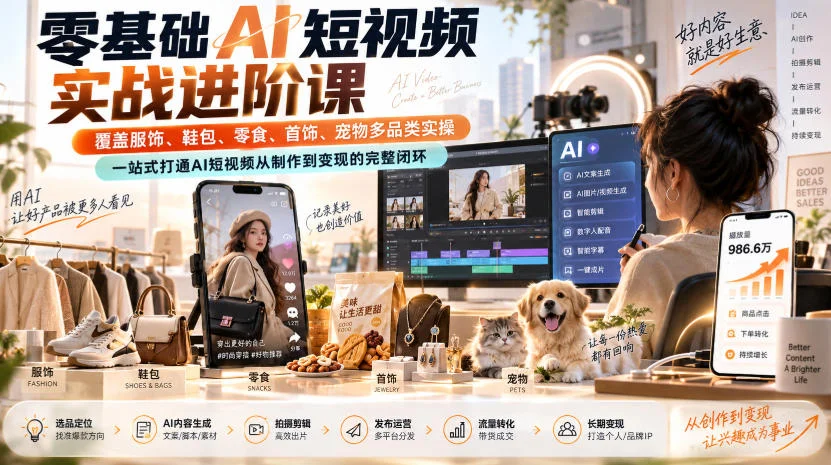 零基础AI短视频实战进阶课，覆盖服饰、鞋包、零食、首饰、宠物多品类实操，一站式打通AI短视频从制作到变现的完整闭环-小栈博客