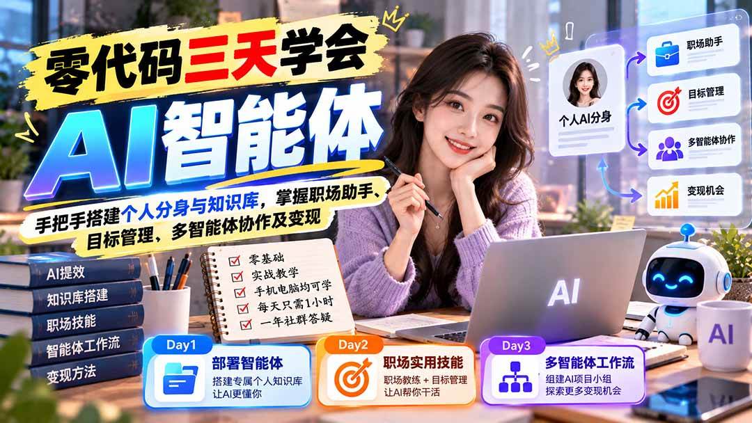 (20978期)【无水印】零代码三天学会AI智能体:手把手搭建个人分身与知识库,掌握职场助手、目标管理、多智能体协作及变现-小栈博客
