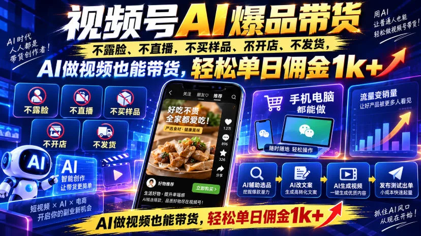 视频号Ai爆品带货，不露脸、不直播、不买样品、不开店、不发货，AI做视频也能带货，轻松单日佣金1k+-小栈博客