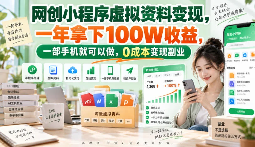 网创小程序虚拟资料变现，一年拿下100W收益，一部手机就可以做，0成本变现副业！【揭秘】-小栈博客