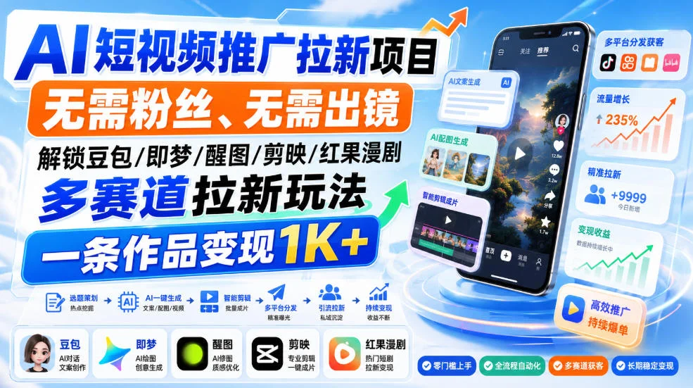 AI短视频推广拉新项目：零粉丝不出镜，豆包即梦醒图多赛道一条变现1K+