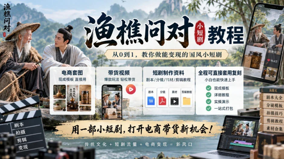 渔樵问对小短剧教程：电商套图+带货视频全套复刻