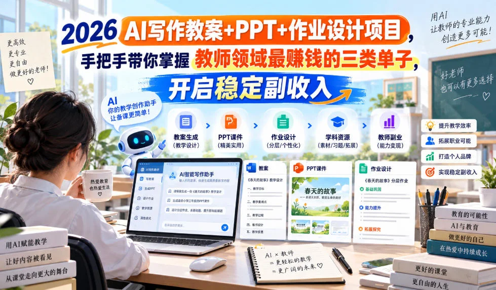 2026 AI写作教案+PPT+作业设计项目，手把手带你掌握教师领域最賺钱的三类单子，开启稳定副收入-小栈博客