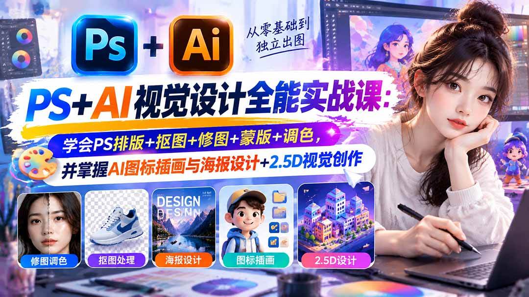 PS+AI视觉设计全能实战课：抠图修图调色+图标插画海报全掌握