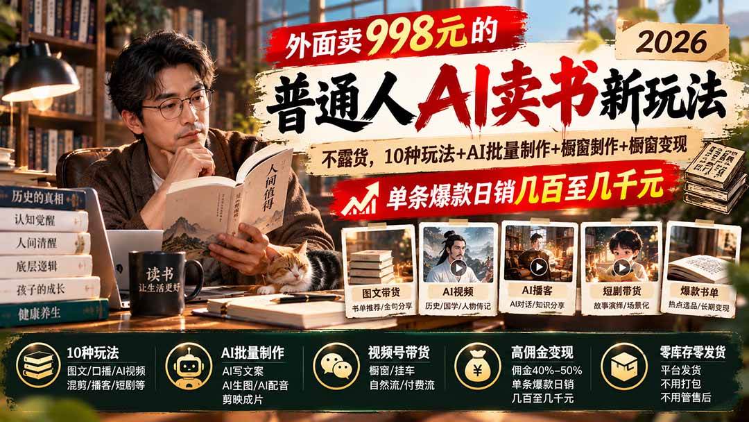 (20909期)外面卖998元的2026普通人AI卖书新玩法:不露脸、不囤货,10种玩法+AI批量制作+橱窗变现,单条爆款日销几百至几千元-小栈博客