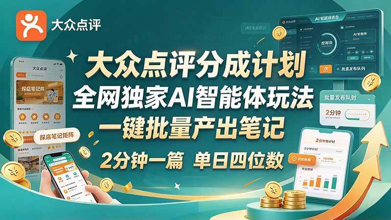 （21055期）最新大众点评分成计划 全网独家 AI 智能体玩法，一键批量产出笔记，2 分钟一篇，新手直接跑出单日四位数-小栈博客