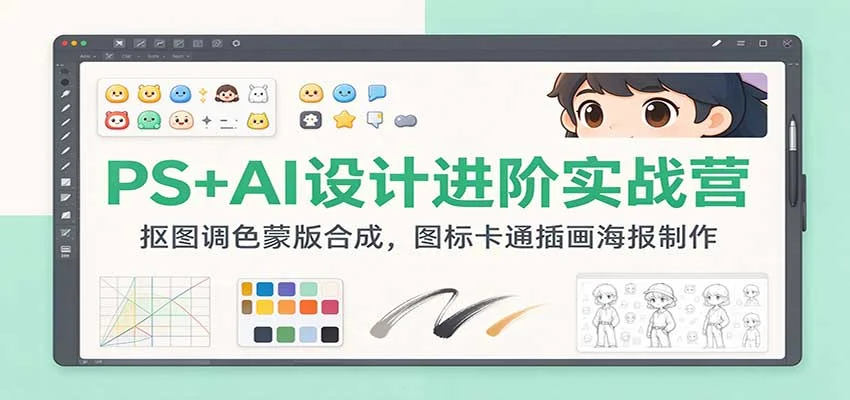 PS+AI设计进阶实战营：抠图调色蒙版合成，图标卡通插画海报制作-小栈博客