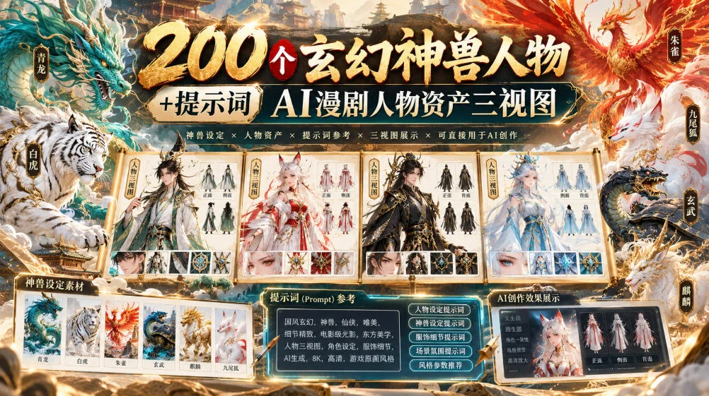 200个玄幻神兽人物+提示词ai漫剧人物资产三视图-小栈博客