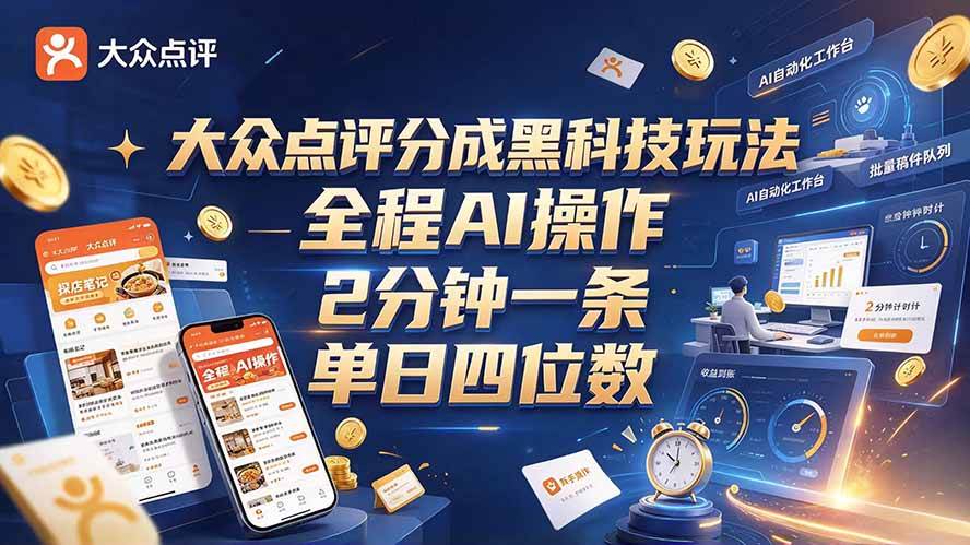 (21013期)大众点评分成全网独家玩法,AI 全自动出内容,2 分钟一条,小白可冲单日四位数-小栈博客