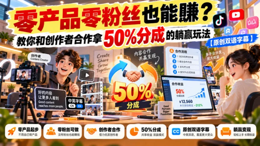 【无水印】零产品零粉丝也能賺？教你和创作者合作拿50%分成的躺赢玩法【原创双语字幕】-小栈博客