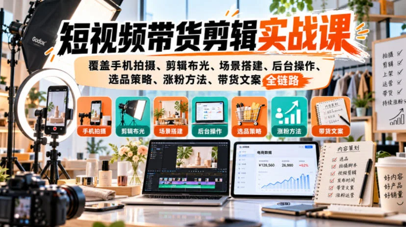 短视频带货剪辑实战课,覆盖手机拍摄、剪辑布光、场景搭建、后台操作、选品策略、涨粉方法、带货文案全链路 短视频带货剪辑实战课,覆盖手机拍摄、剪辑布光、场景搭建、后台操作、选品策略、涨粉方法、带货文案全链路