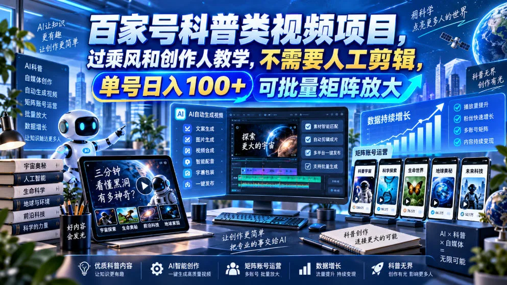 百家号科普类视频项目,过乘风和创作人教学,不需要人工剪辑,单号日入100+可批量矩阵放大 百家号科普类视频项目,过乘风和创作人教学,不需要人工剪辑,单号日入100+可批量矩阵放大
