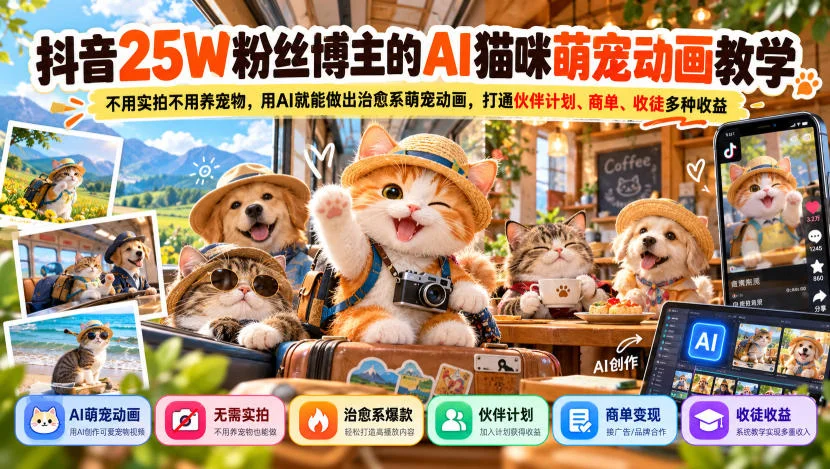 抖音25W粉丝博主的AI猫咪萌宠动画教学，不用实拍不用养宠物，用AI就能做出治愈系萌宠动画，打通伙伴计划、商单、收徒多种收益-小栈博客