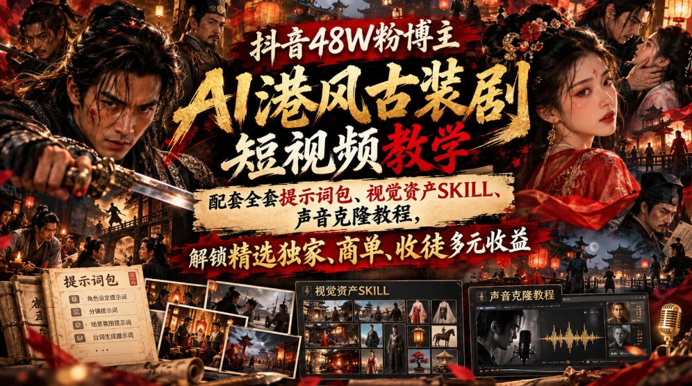 抖音48W粉博主AI港风古装剧短视频教学,配套全套提示词包、视觉资产SKILL、声音克隆教程,解锁精选独家、商单、收徒多元收益 抖音48W粉博主AI港风古装剧短视频教学,配套全套提示词包、视觉资产SKILL、声音克隆教程,解锁精选独家、商单、收徒多元收益