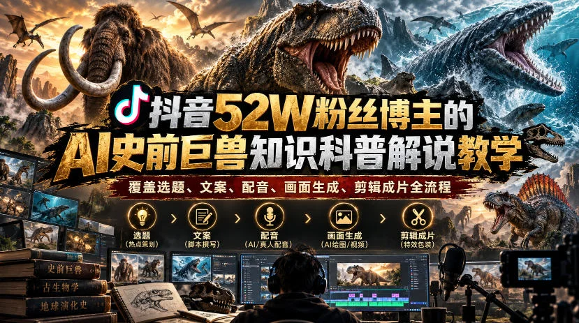 抖音52W粉丝博主的AI史前巨兽知识科普解说教学，覆盖选题、文案、配音、画面生成、剪辑成片全流程-小栈博客