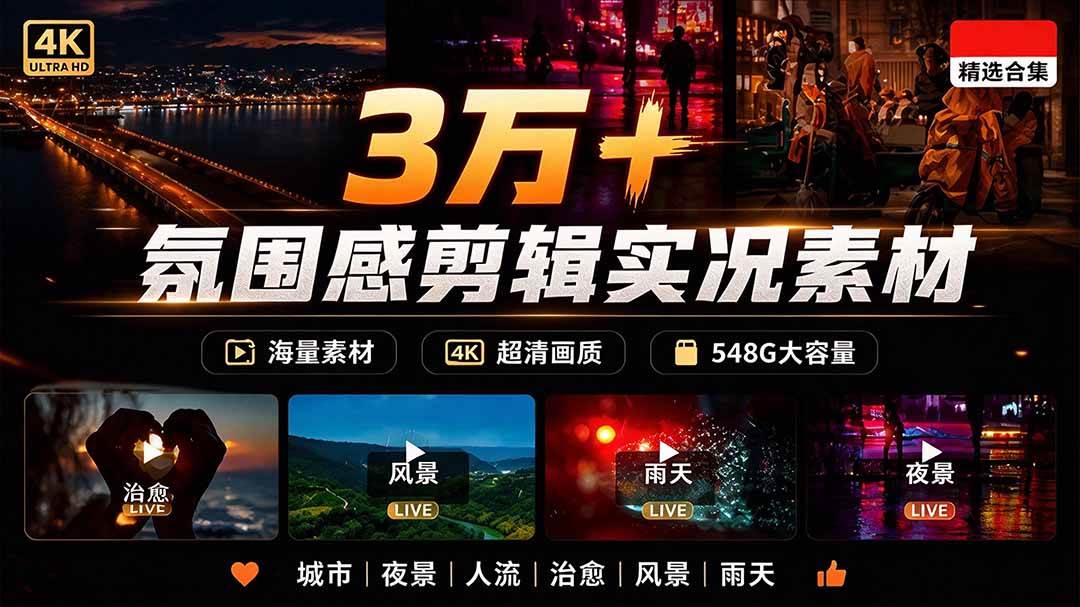 (21009期)氛围感3万+海量高清剪辑实况素材,含雨天、雪天、夜景、街道等经典场景,伤感唯美励志短视频无水印素材-小栈博客