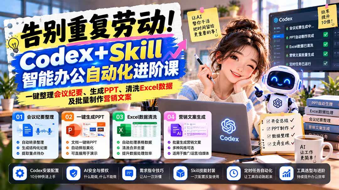 （21001期）告别重复劳动！Codex+Skill智能办公自动化进阶课：一键整理会议纪要、生成PPT、清洗Excel数据及批量制作营销文案-小栈博客