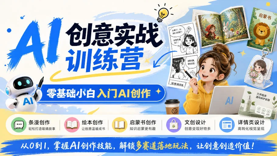 AI创意实战训练营,零基础小白入门AI创作,解锁条漫、绘本、启蒙书、文创、详情页多赛道落地玩法 AI创意实战训练营,零基础小白入门AI创作,解锁条漫、绘本、启蒙书、文创、详情页多赛道落地玩法