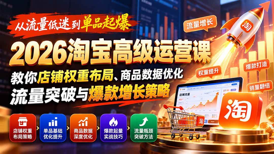 (20952期)从流量低迷到单品起爆:2026淘宝高级运营课教你店铺权重布局、商品数据优化、流量突破与爆款增长策略 (20952期)从流量低迷到单品起爆:2026淘宝高级运营课教你店铺权重布局、商品数据优化、流量突破与爆款增长策略