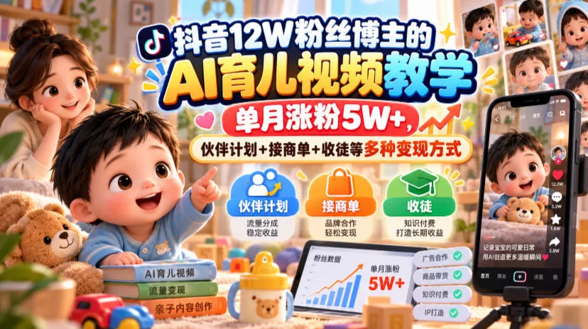 抖音12W粉丝博主的AI育儿视频教学，单月涨粉5W+，伙伴计划+接商单+收徒等多种变现方式-小栈博客