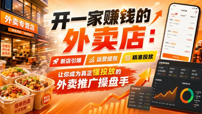 外卖店赚钱全攻略：新店冷启动39节实战课，从0到懂投放的操盘手