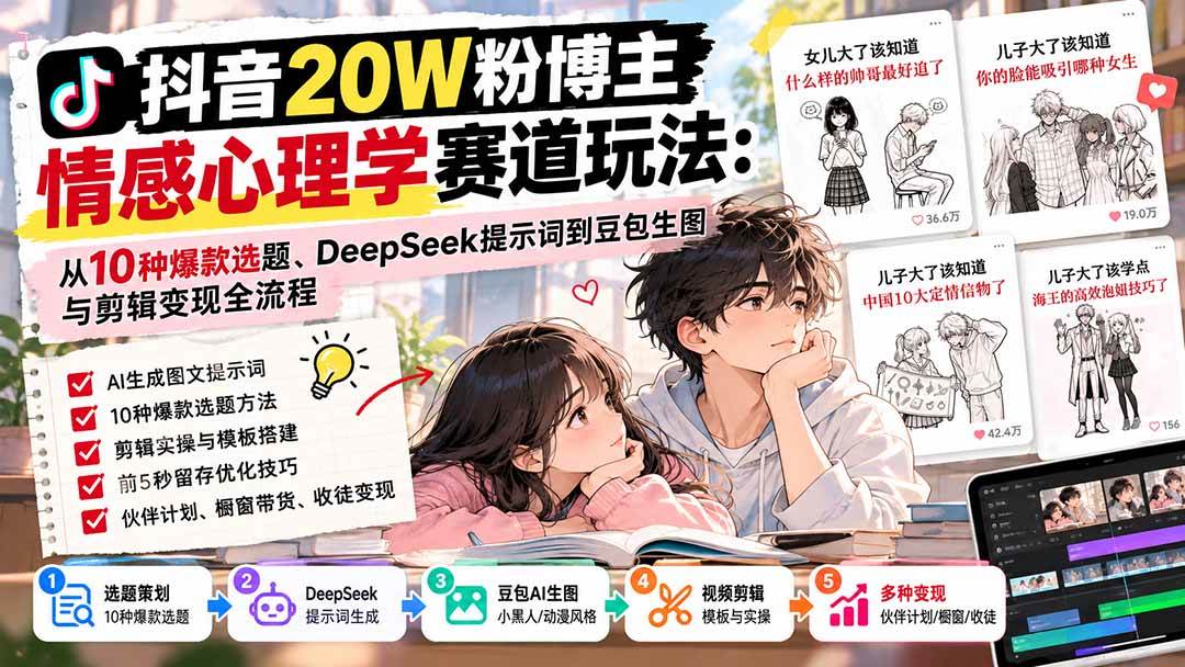 抖音情感心理学赛道玩法：DeepSeek提示词+豆包生图+剪映全流程
