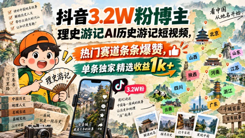 抖音3.2W粉博主AI历史游记短视频教学，单条精选收益1k+