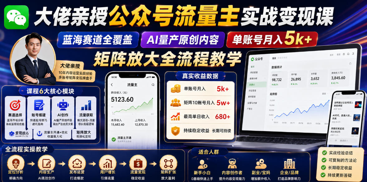大佬亲授公众号流量主实战变现课，蓝海赛道全覆盖，AI量产原创内容，单账号月入5k+矩阵放大全流程教学-小栈博客