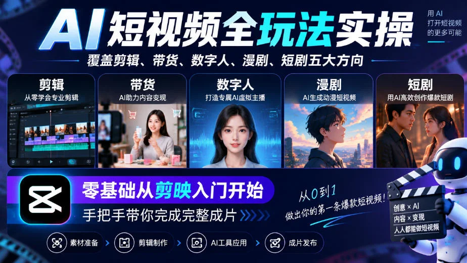 AI短视频全玩法实操,覆盖剪辑、带货、数字人、漫剧、短剧五大方向,零基础从剪映入门开始,手把手带你完成完整成片-小栈博客