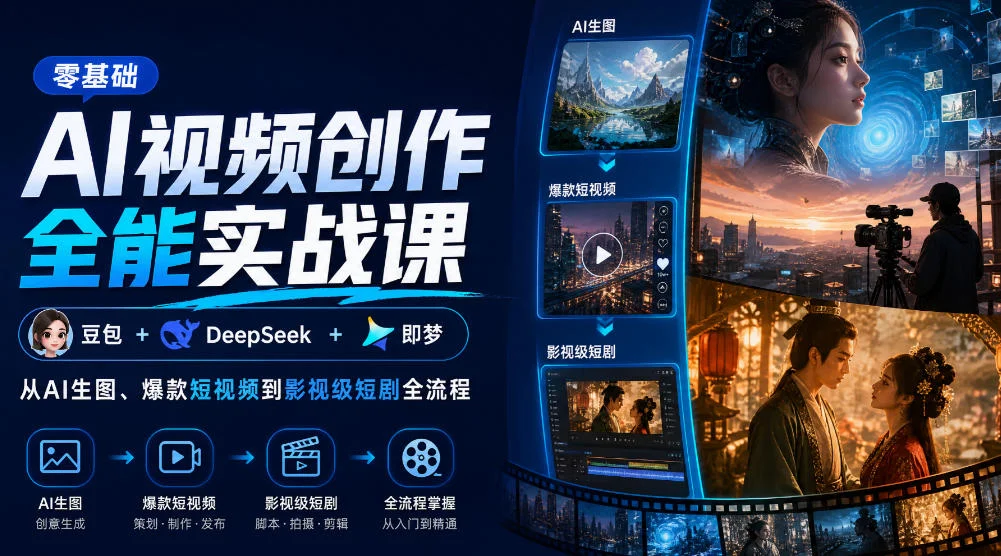 零基础AI视频创作全能实战课|豆包+DeepSeek+即梦,从AI生图、爆款短视频到影视级短剧全流程 零基础AI视频创作全能实战课|豆包+DeepSeek+即梦,从AI生图、爆款短视频到影视级短剧全流程