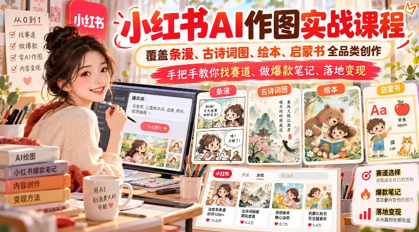 小红书AI作图实战课程，覆盖条漫、古诗词图、绘本、启蒙书全品类创作，手把手教你找赛道、做爆款笔记、落地变现-小栈博客