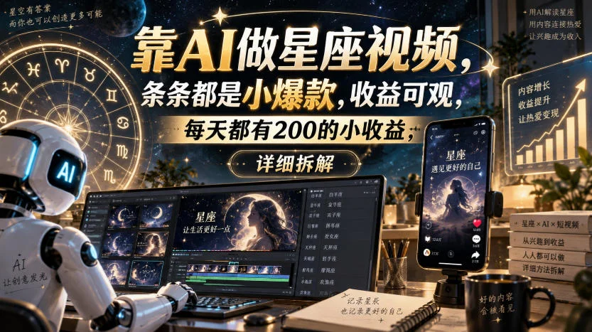 靠AI做星座视频，条条都是小爆款，收益可观，每天都有200的小收益，详细拆解-小栈博客