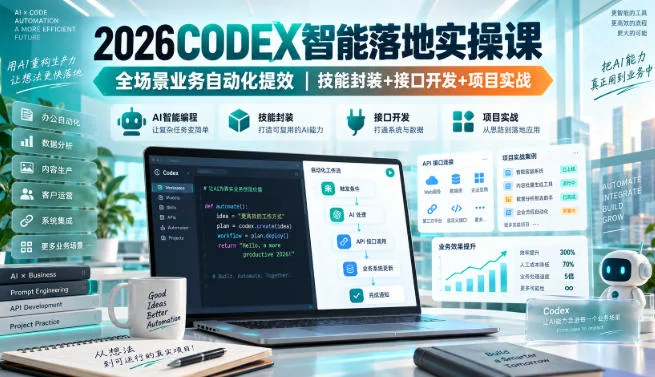 2026Codex智能落地实操课,全场景业务自动化提效,技能封装+接口开发+项目实战 2026Codex智能落地实操课,全场景业务自动化提效,技能封装+接口开发+项目实战
